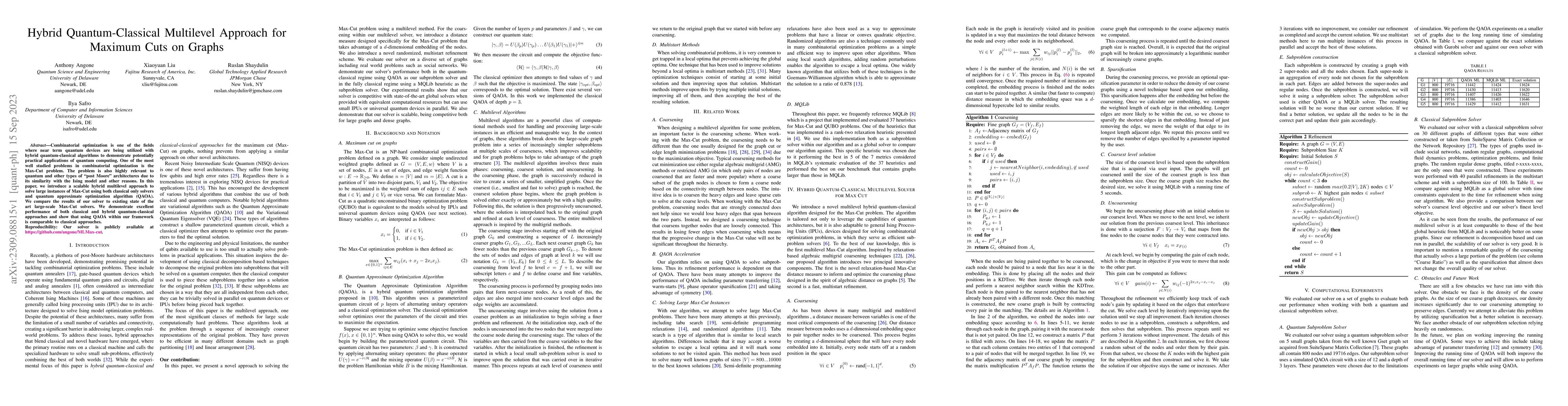 Thumbnail for Hybrid Quantum-Classical Multilevel Approach for Maximum Cuts on Graphs