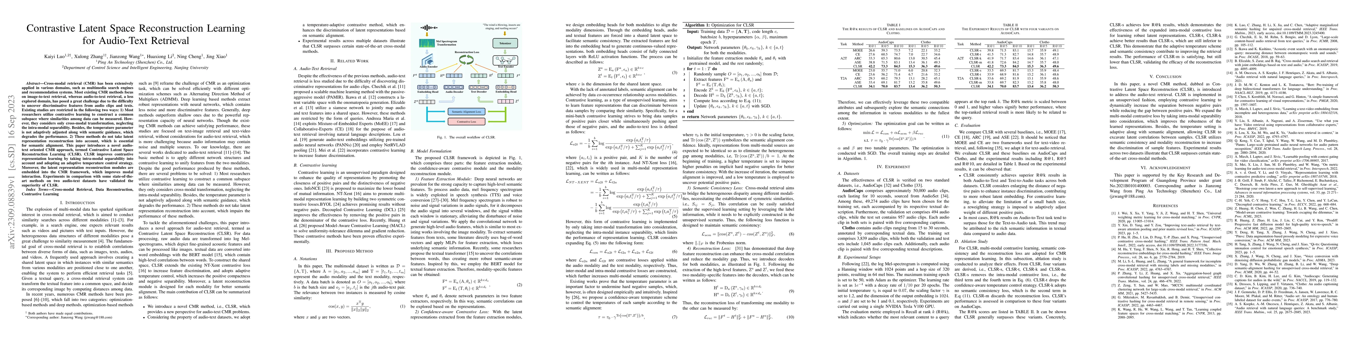 Thumbnail for Contrastive Latent Space Reconstruction Learning for Audio-Text
  Retrieval