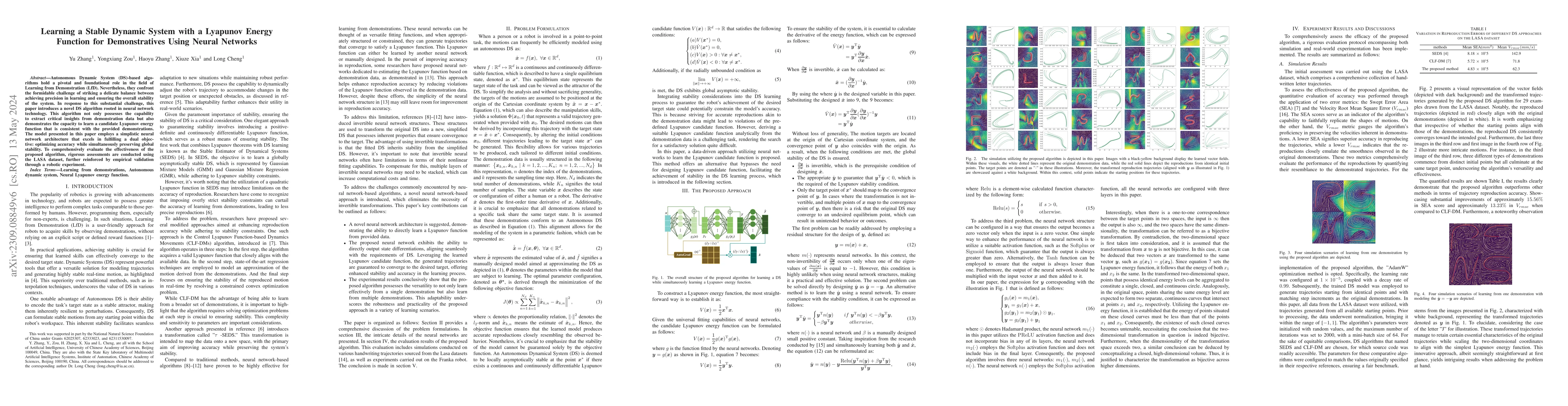 Thumbnail for Learning a Stable Dynamic System with a Lyapunov Energy Function for
  Demonstratives Using Neural Networks