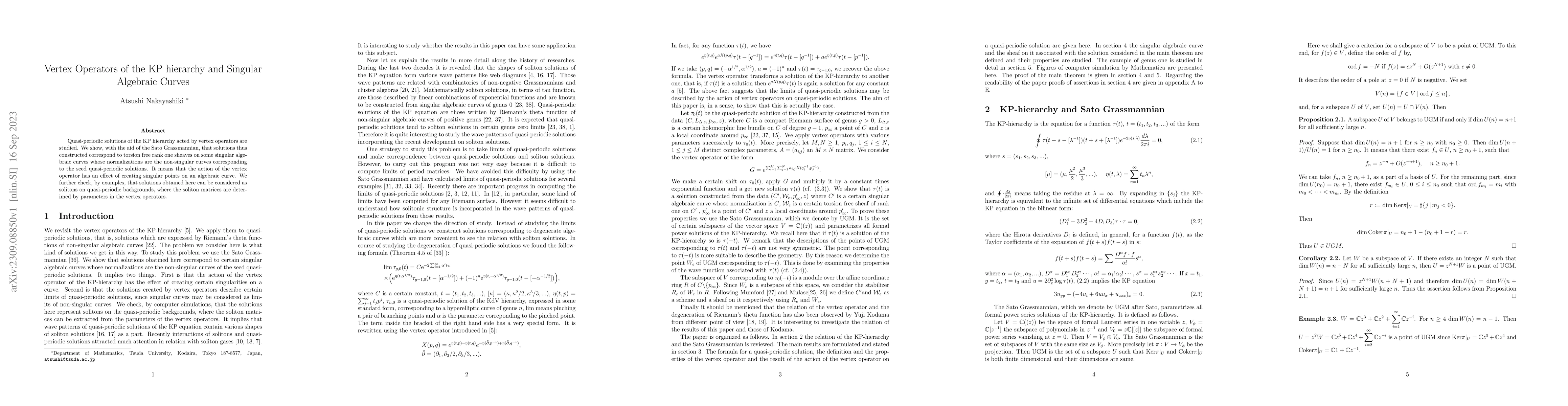 Thumbnail for Vertex Operators of the KP hierarchy and Singular Algebraic Curves