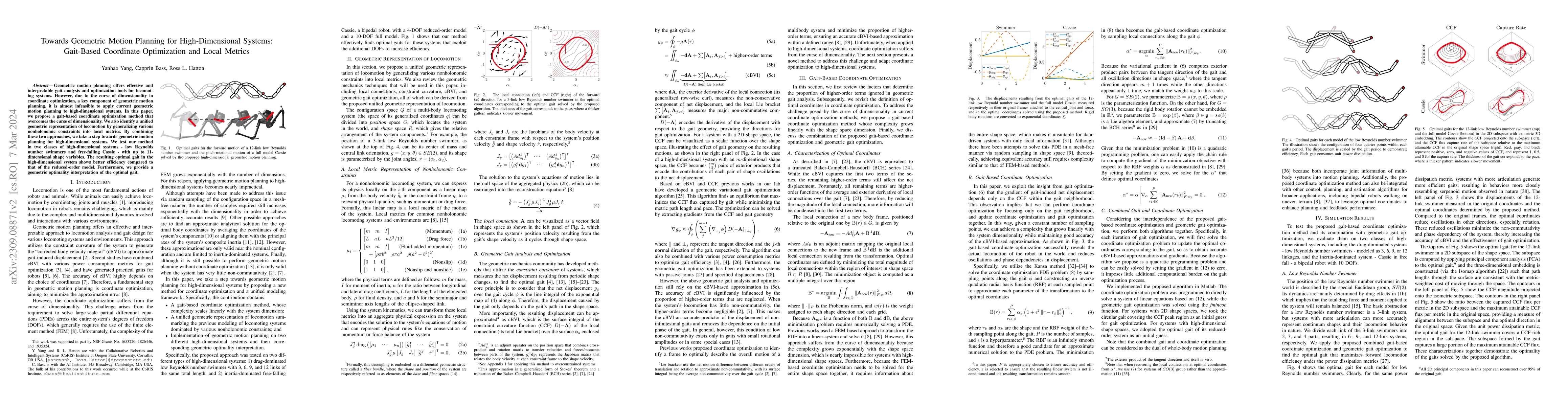 Thumbnail for Towards Geometric Motion Planning for High-Dimensional Systems:
  Gait-Based Coordinate Optimization and Local Metrics