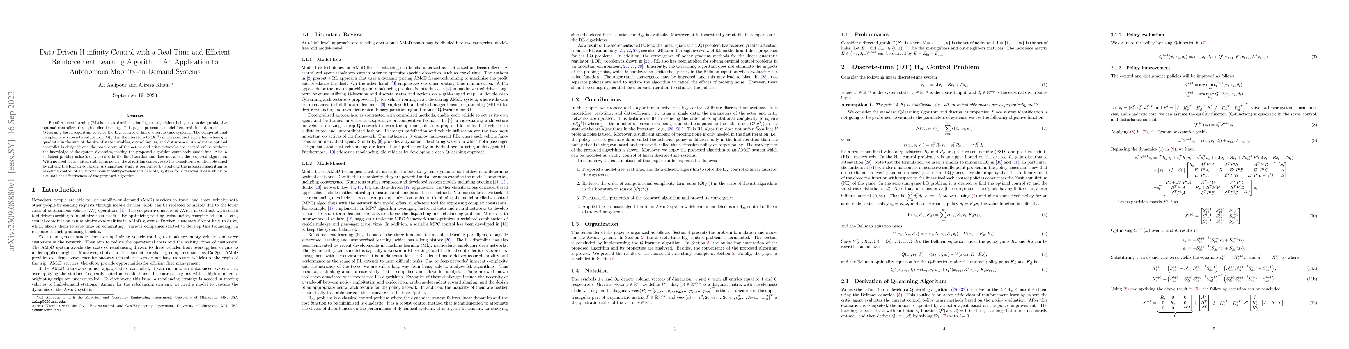 Thumbnail for Data-Driven H-infinity Control with a Real-Time and Efficient
  Reinforcement Learning Algorithm: An Application to Autonomous
  Mobility-on-Demand Systems
