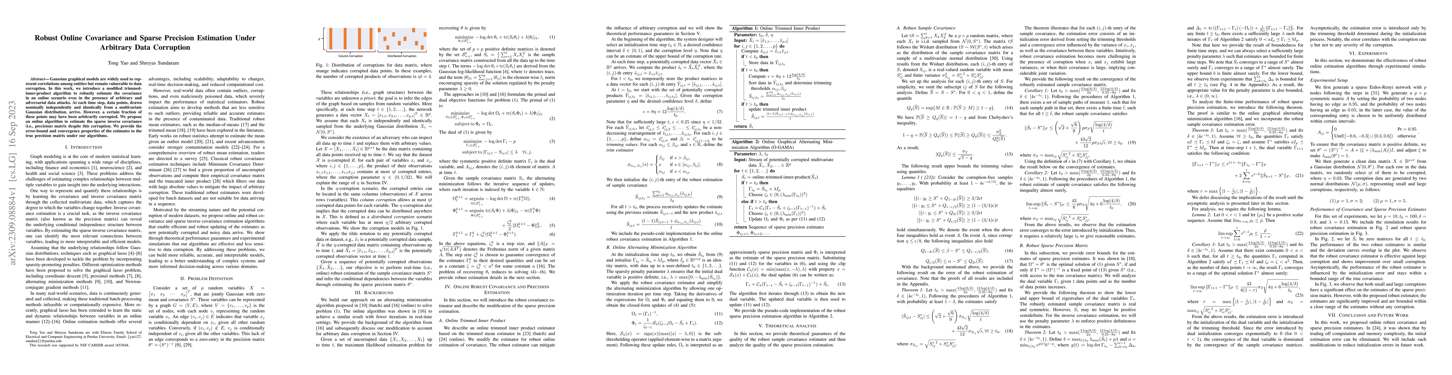 Thumbnail for Robust Online Covariance and Sparse Precision Estimation Under Arbitrary
  Data Corruption