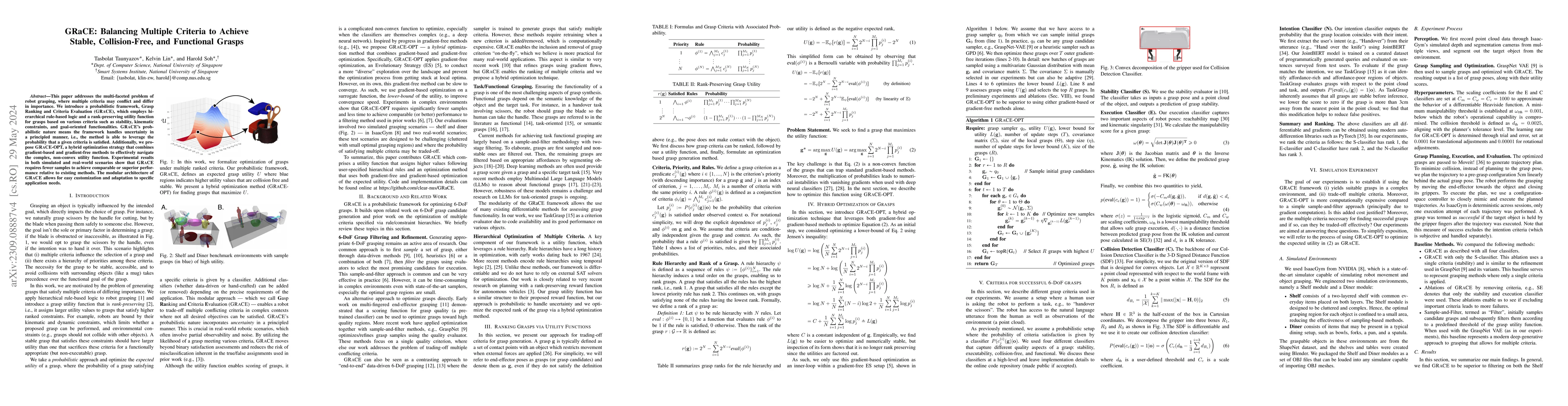 Thumbnail for GRaCE: Balancing Multiple Criteria to Achieve Stable, Collision-Free,
  and Functional Grasps
