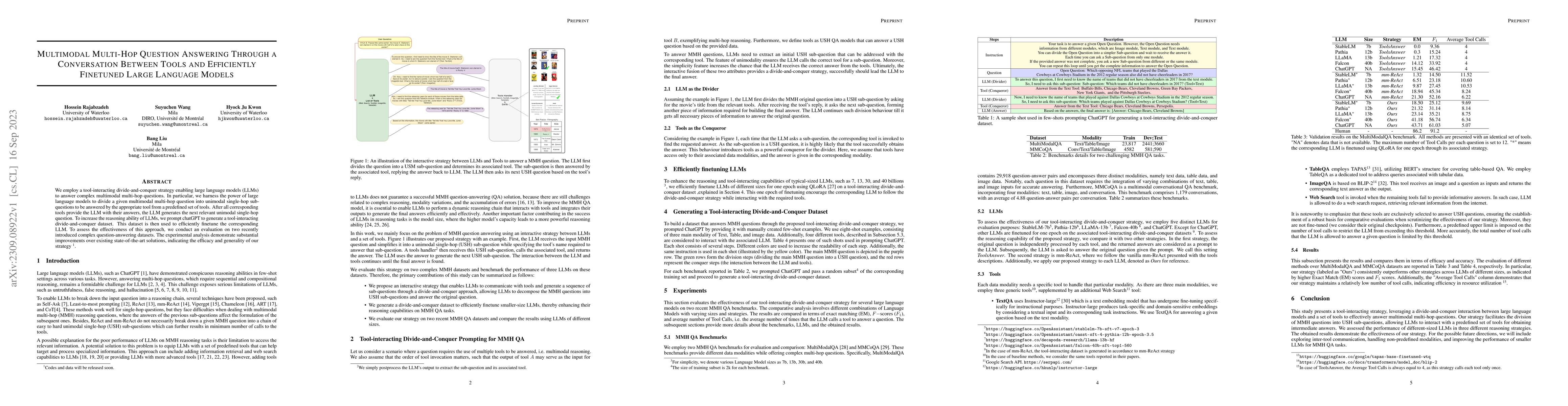 Thumbnail for Multimodal Multi-Hop Question Answering Through a Conversation Between
  Tools and Efficiently Finetuned Large Language Models