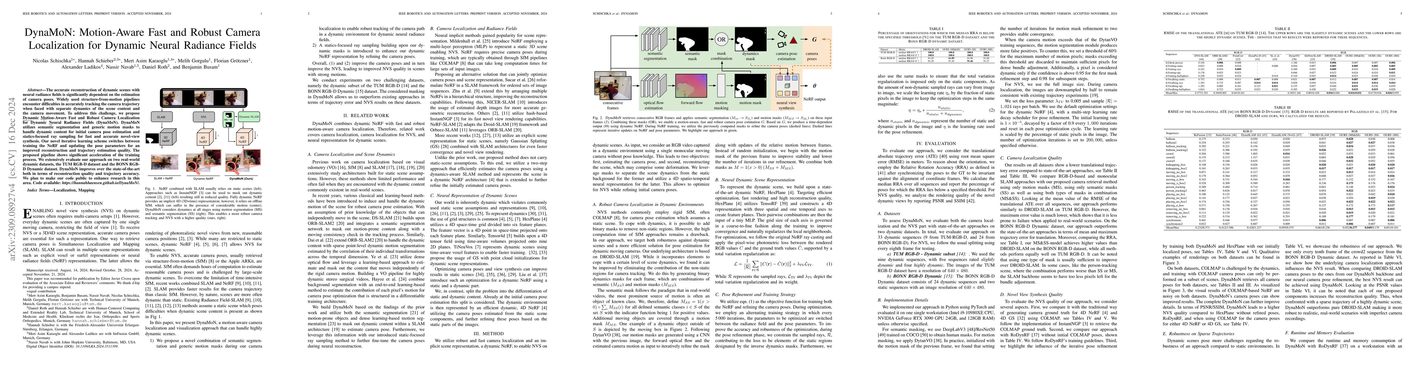 Thumbnail for DynaMoN: Motion-Aware Fast and Robust Camera Localization for Dynamic
  Neural Radiance Fields