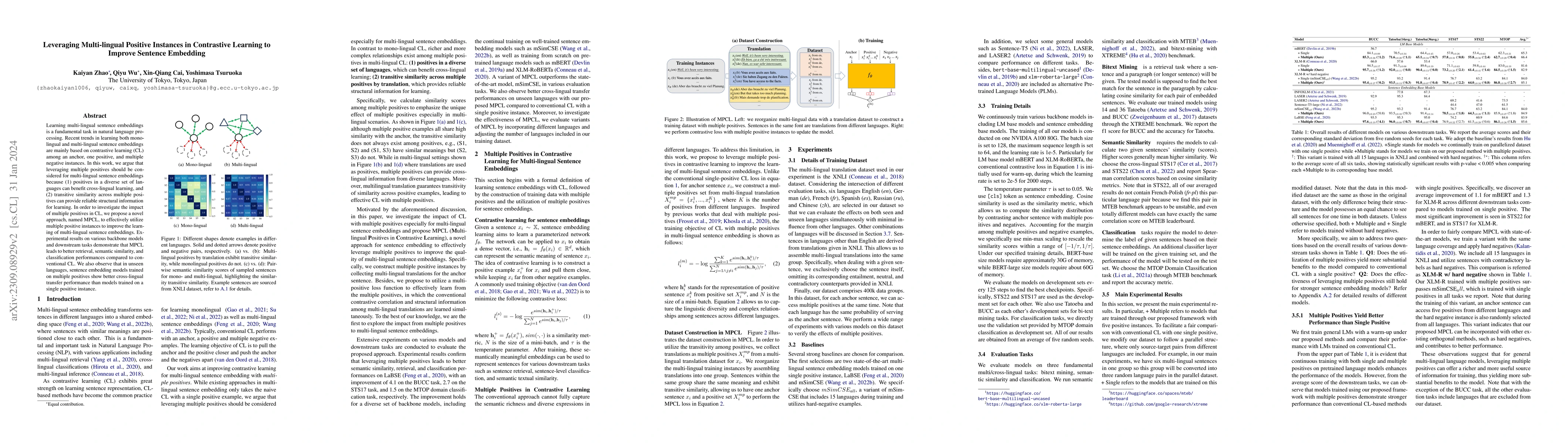 Thumbnail for Leveraging Multi-lingual Positive Instances in Contrastive Learning to
  Improve Sentence Embedding