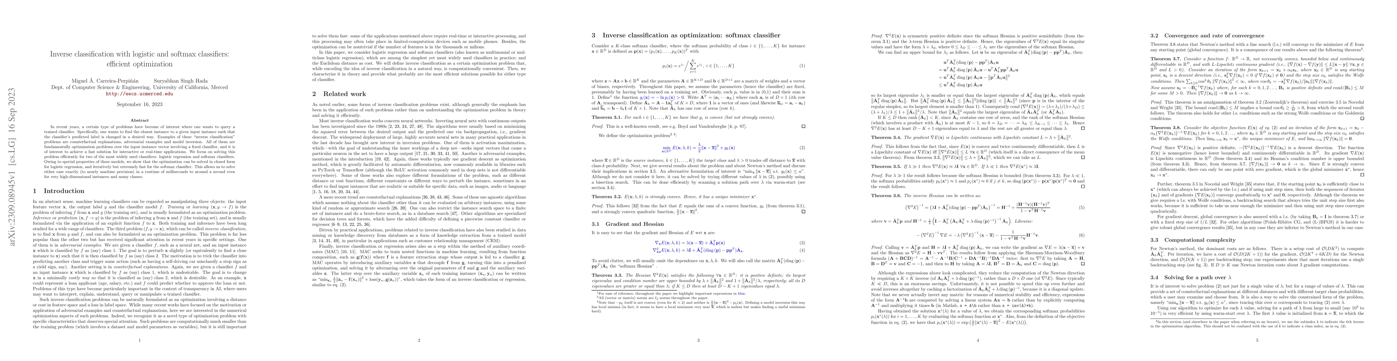 Thumbnail for Inverse classification with logistic and softmax classifiers: efficient
  optimization