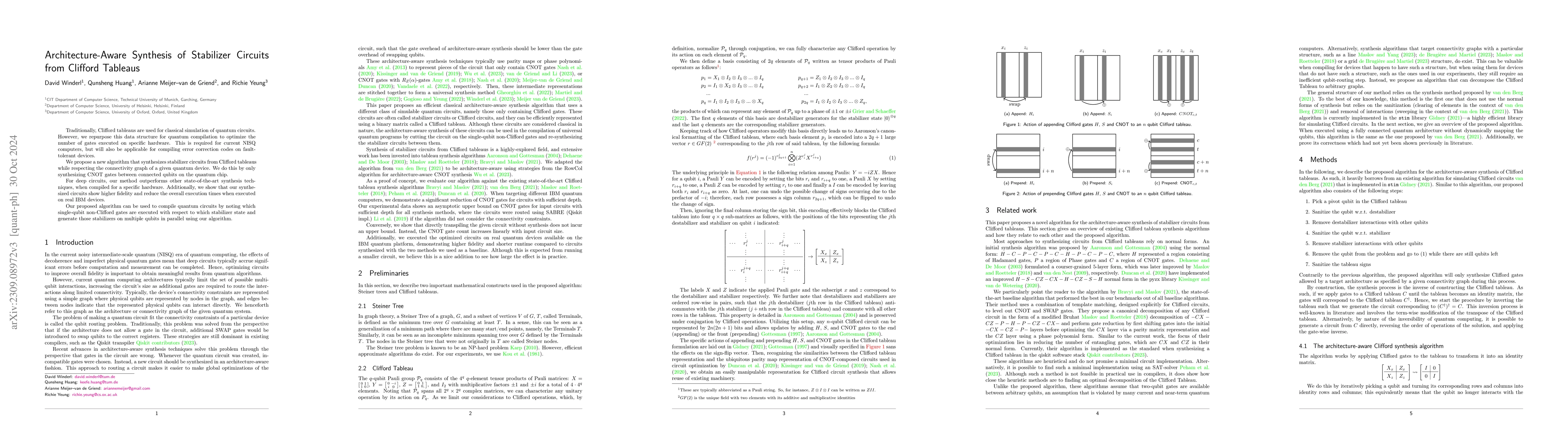 Thumbnail for Architecture-Aware Synthesis of Stabilizer Circuits from Clifford
  Tableaus