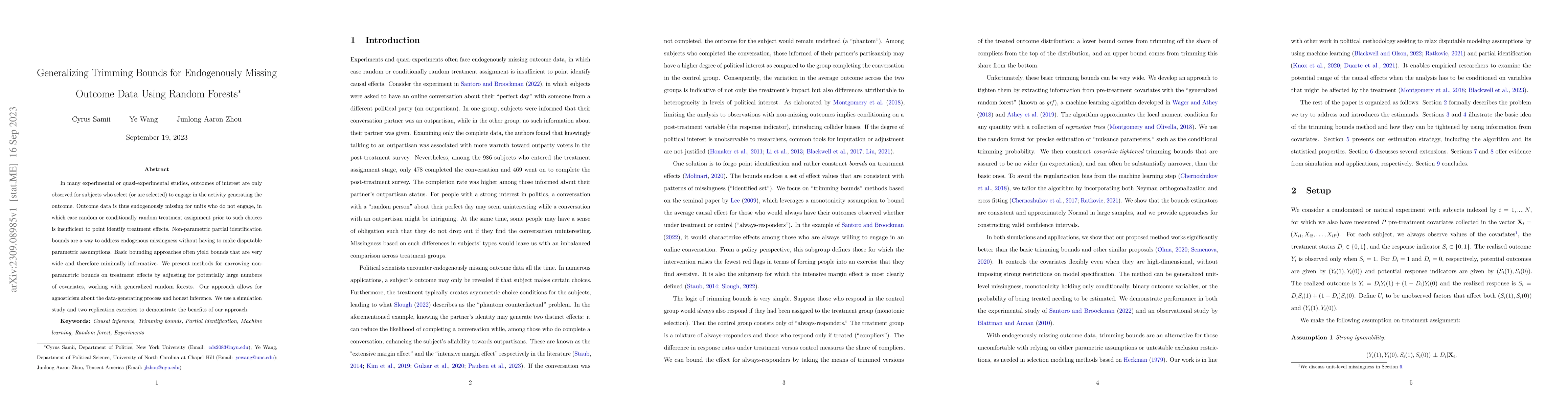 Thumbnail for Generalizing Trimming Bounds for Endogenously Missing Outcome Data Using
  Random Forests