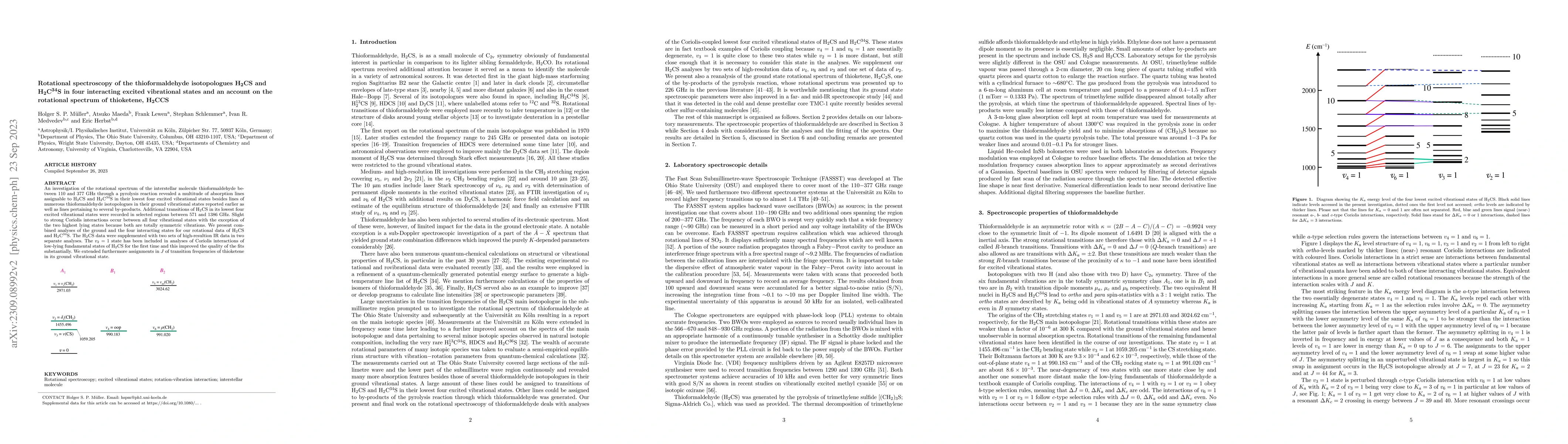 Thumbnail for Rotational spectroscopy of the thioformaldehyde isotopologues H$_2$CS
  and H$_2$C$^{34}$S in four interacting excited vibrational states and an
  account on the rotational spectrum of thioketene, H$_2$CCS