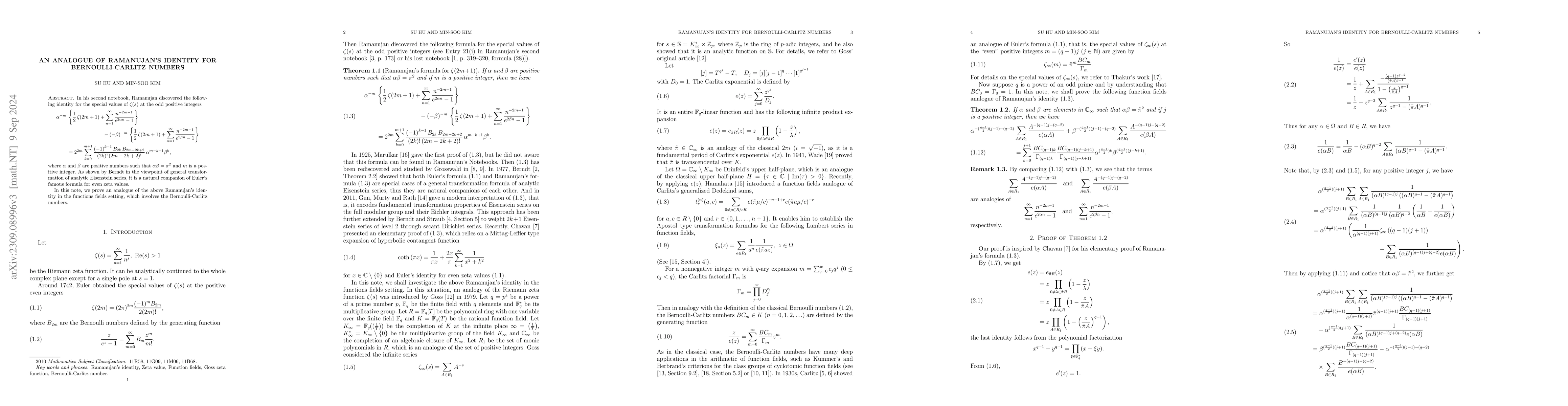 Thumbnail for An analogue of Ramanujan's identity for Bernoulli-Carlitz numbers