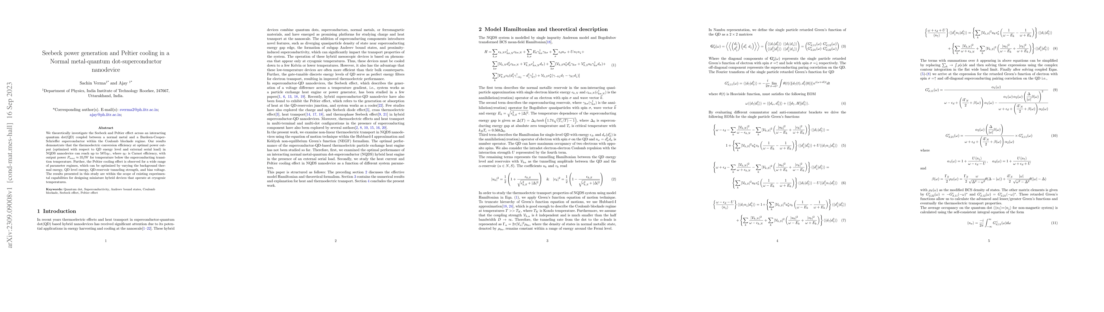 Thumbnail for Seebeck power generation and Peltier cooling in a Normal metal-quantum
  dot-superconductor nanodevice