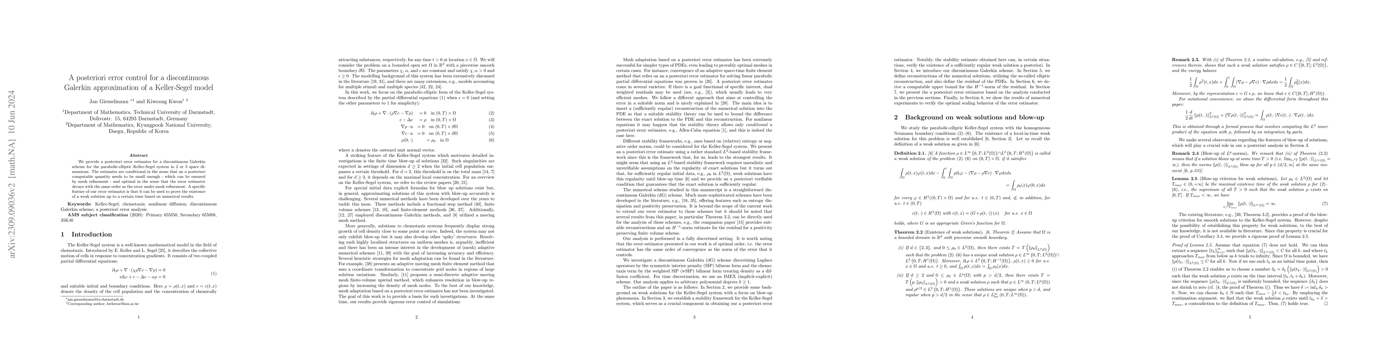 Thumbnail for A posteriori error control for a Discontinuous Galerkin approximation of
  a Keller-Segel model