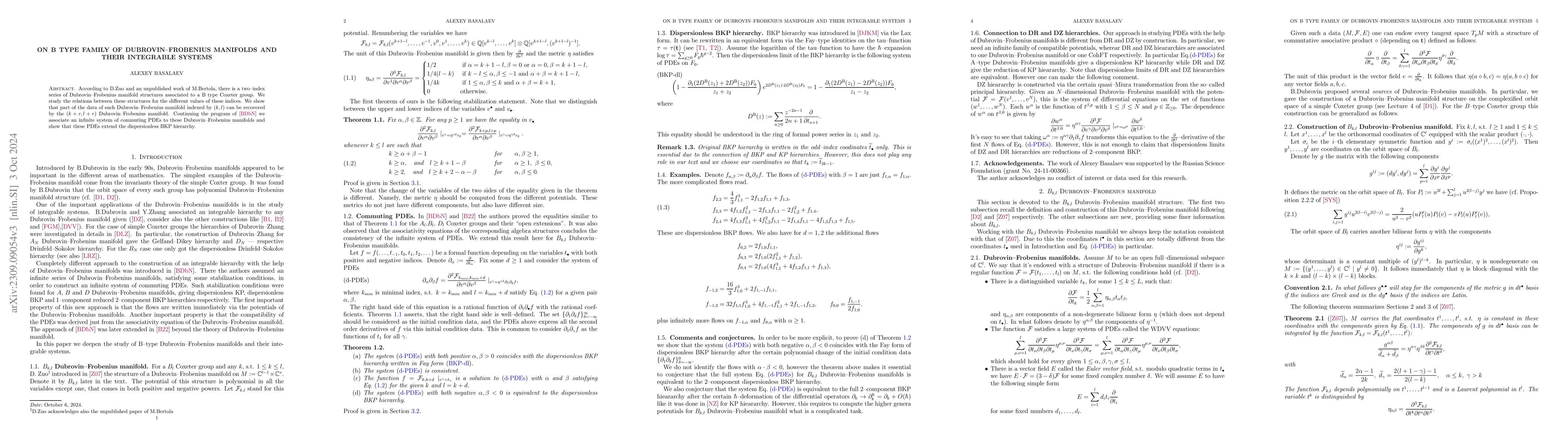 Thumbnail for On B type family of Dubrovin-Frobenius manifolds and their integrable
  systems