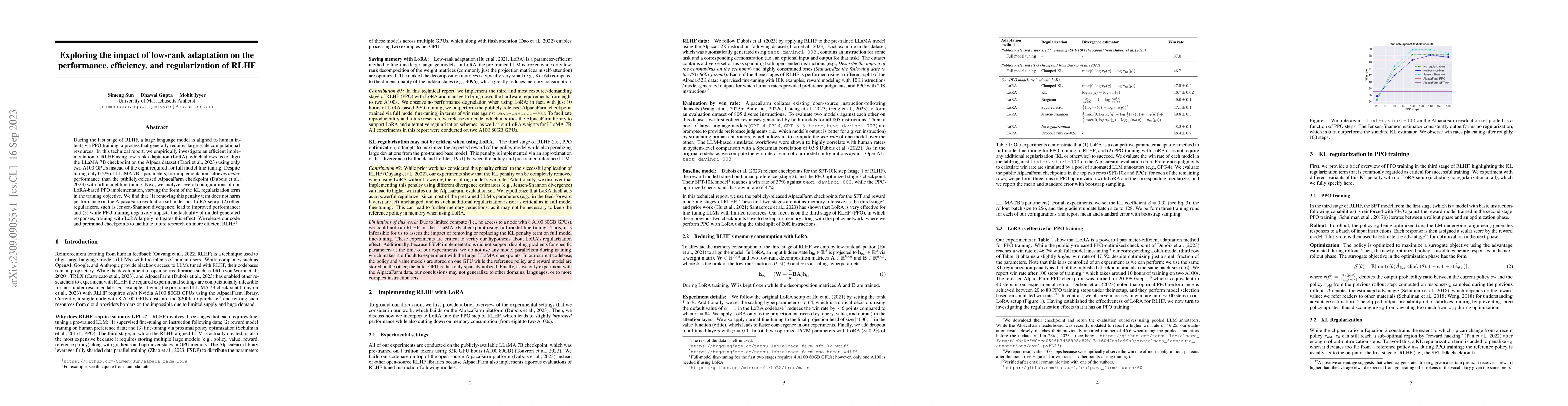 Thumbnail for Exploring the impact of low-rank adaptation on the performance,
  efficiency, and regularization of RLHF