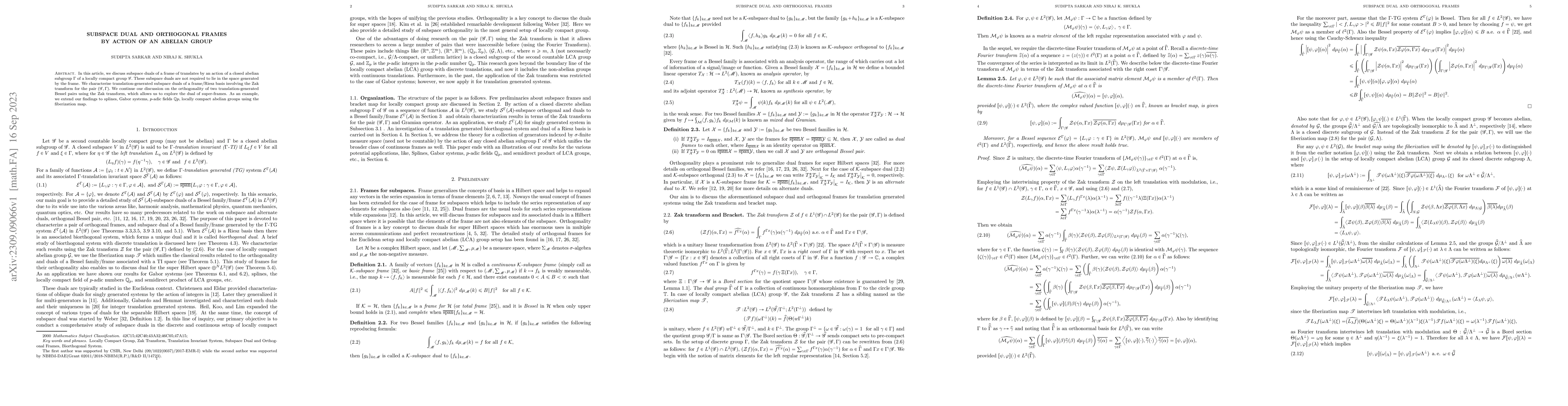 Thumbnail for Subspace Dual and orthogonal frames\\ by action of an abelian group