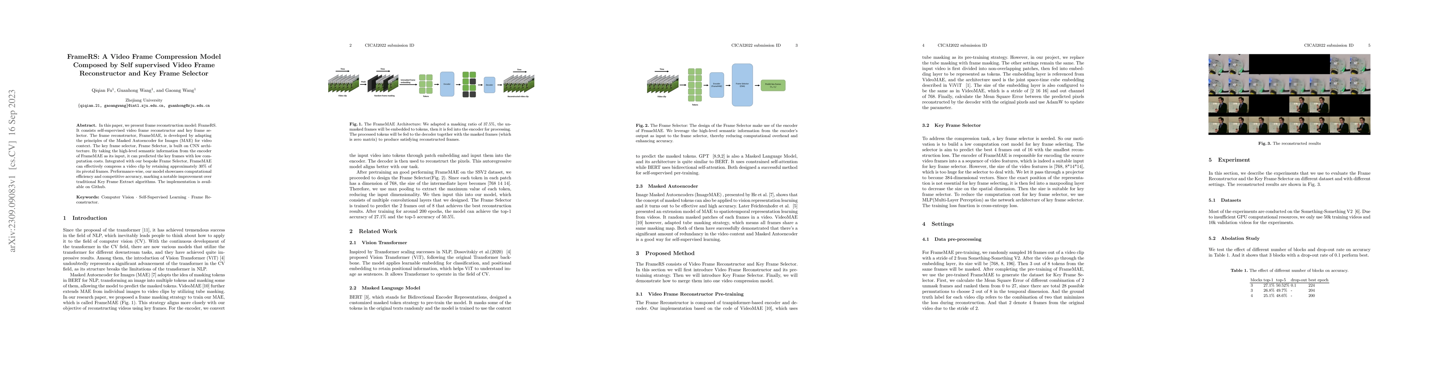 Thumbnail for FrameRS: A Video Frame Compression Model Composed by Self supervised
  Video Frame Reconstructor and Key Frame Selector