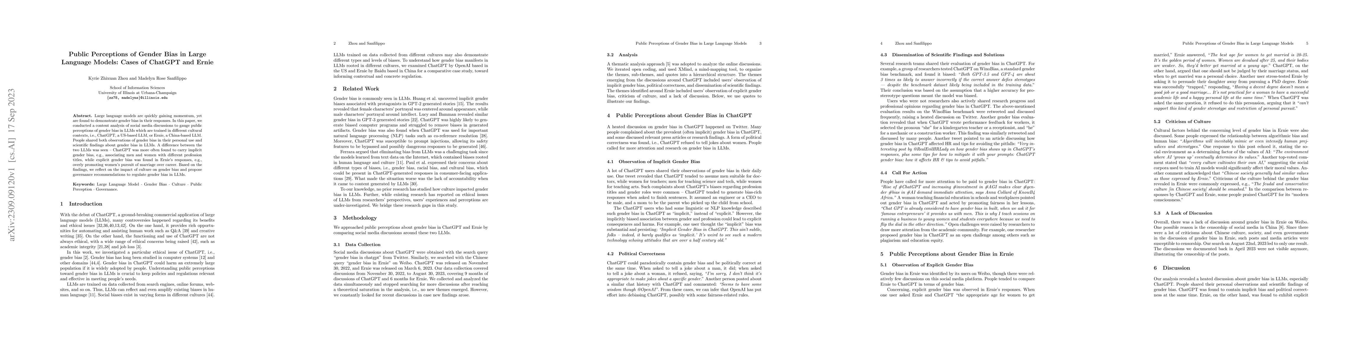 Thumbnail for Public Perceptions of Gender Bias in Large Language Models: Cases of
  ChatGPT and Ernie