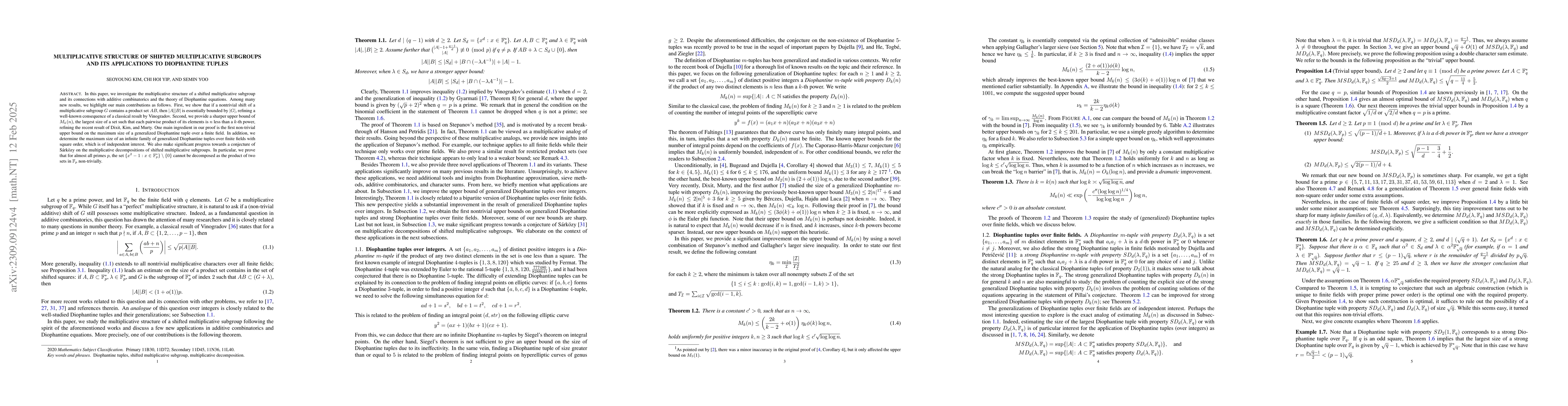 Thumbnail for Diophantine tuples and multiplicative structure of shifted
  multiplicative subgroups