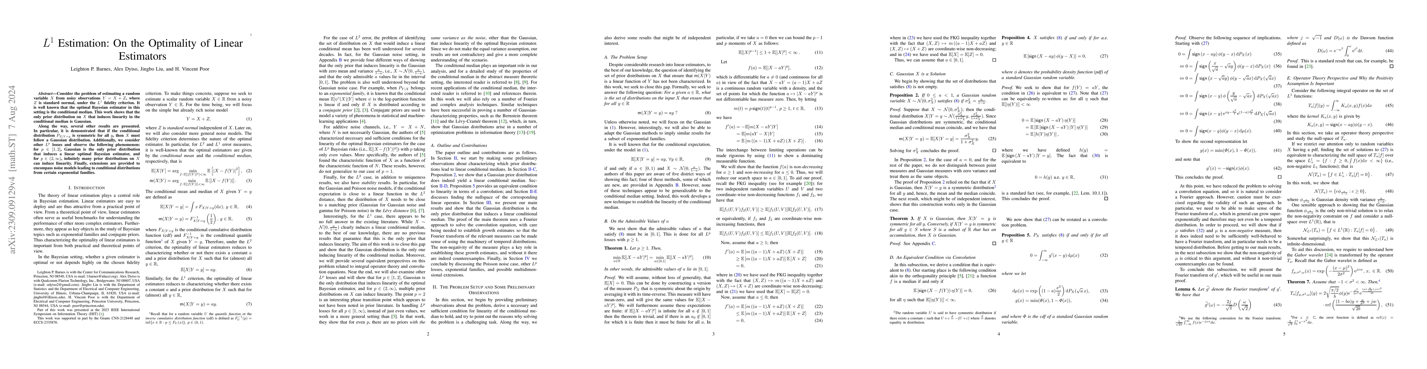 Thumbnail for $L^1$ Estimation: On the Optimality of Linear Estimators