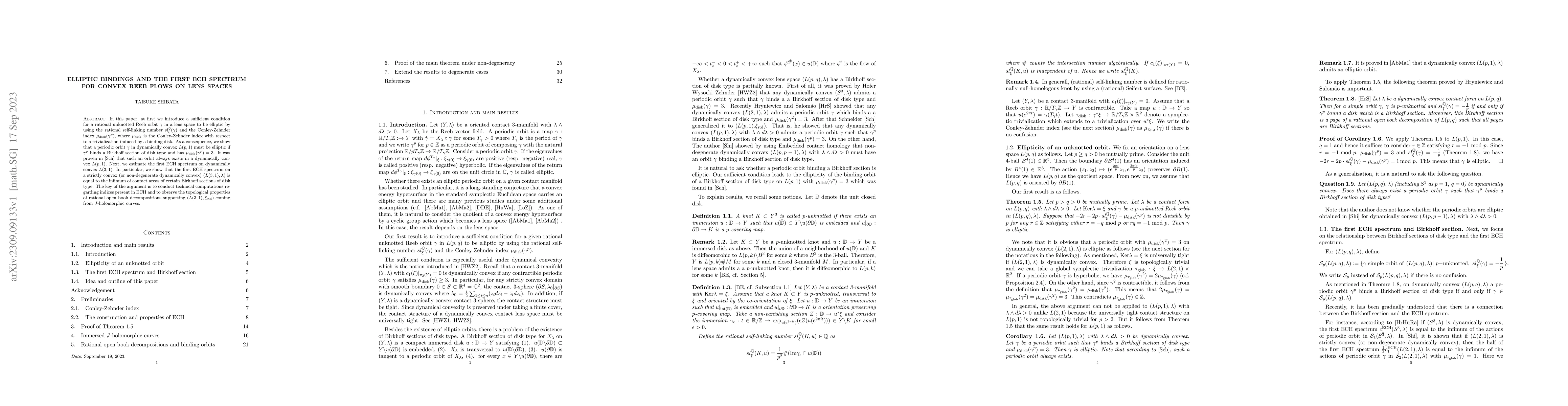 Thumbnail for Elliptic bindings and the first ECH spectrum for convex Reeb flows on
  lens spaces