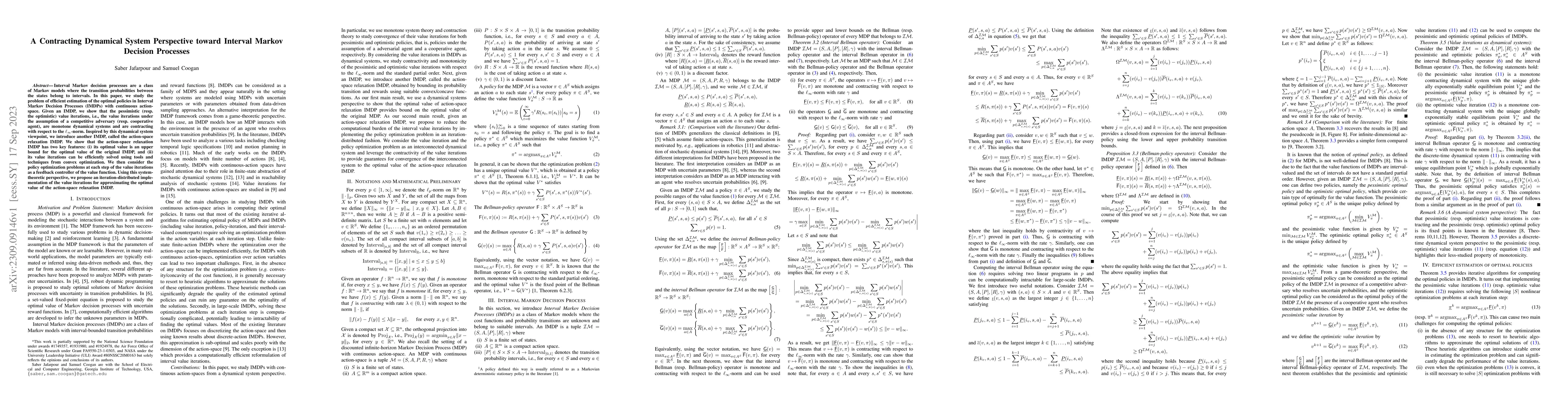 Thumbnail for A Contracting Dynamical System Perspective toward Interval Markov
  Decision Processes