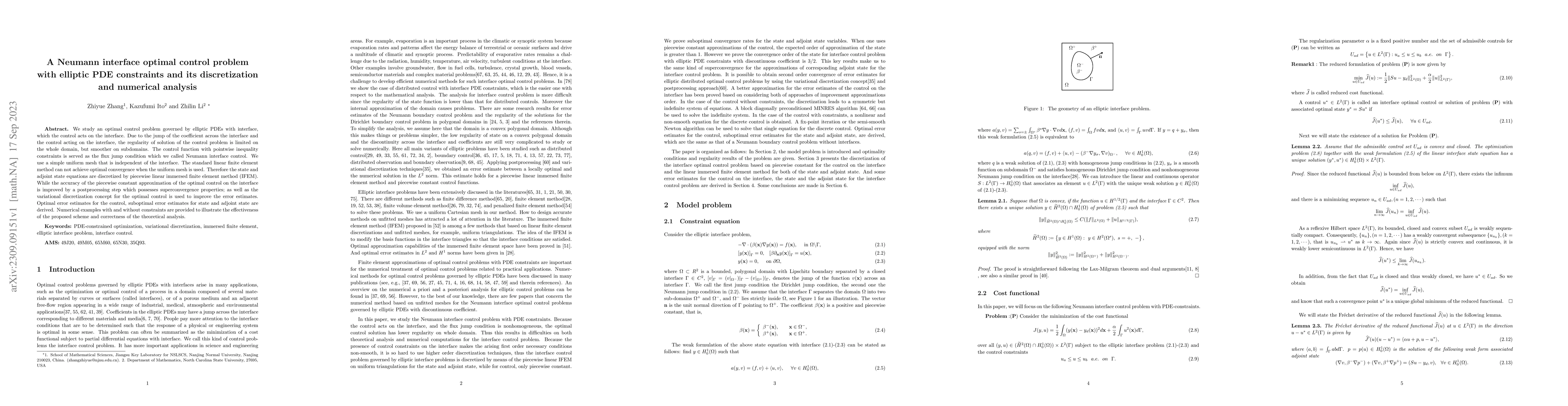 Thumbnail for A Neumann interface optimal control problem with elliptic PDE
  constraints and its discretization and numerical analysis