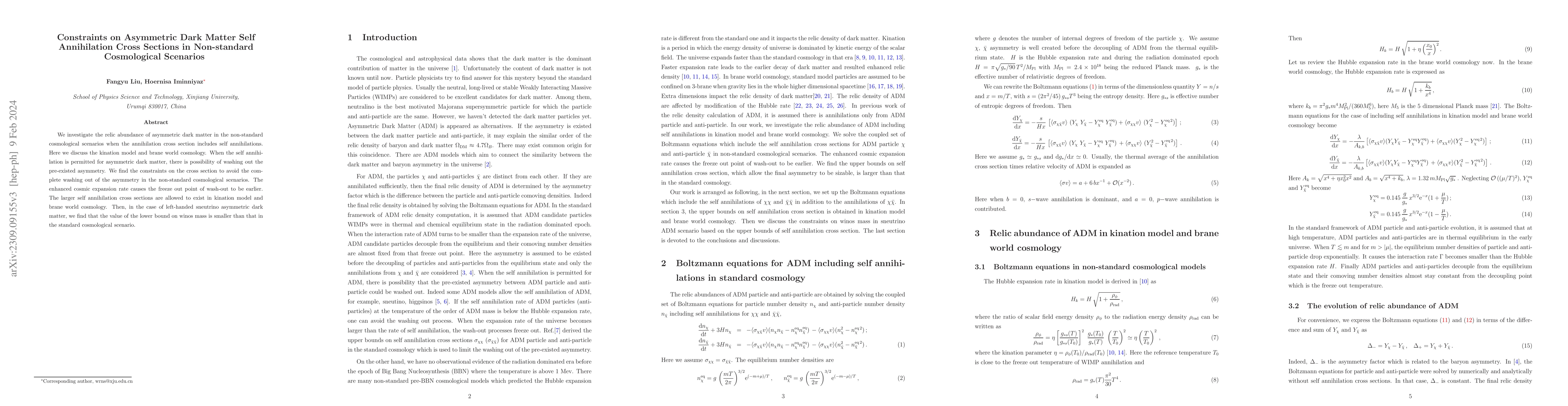 Thumbnail for Constraints on Asymmetric Dark Matter Self Annihilation Cross Sections
  in Non-standard Cosmological Scenarios