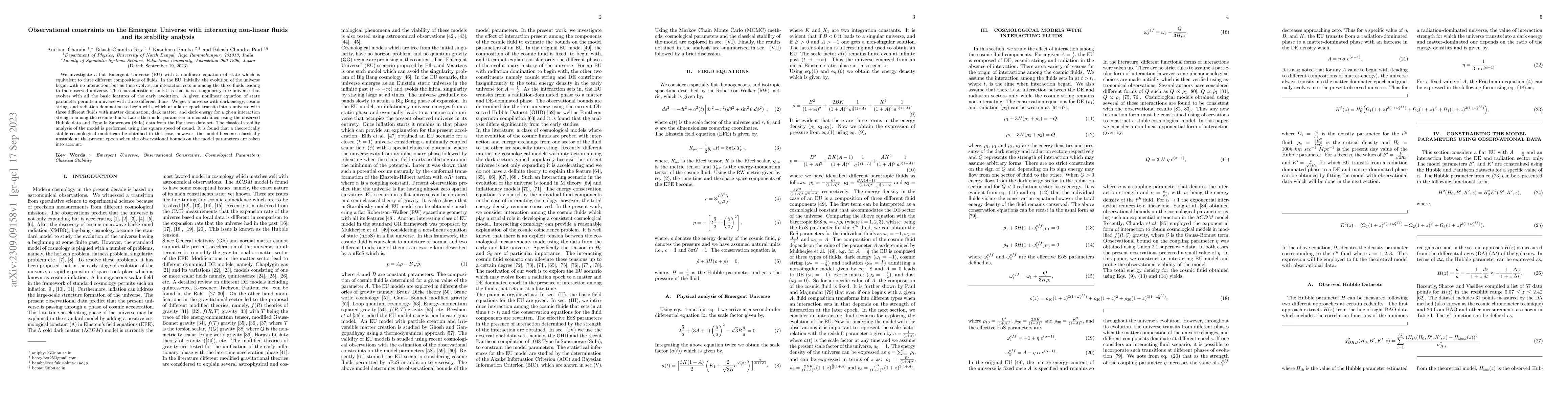 Thumbnail for Observational constraints on the Emergent Universe with interacting
  non-linear fluids and its stability analysis