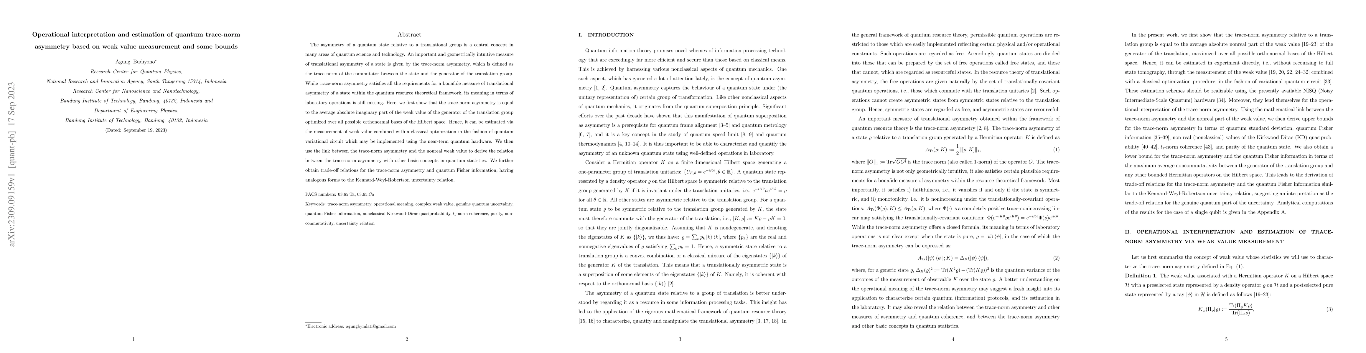 Thumbnail for Operational interpretation and estimation of quantum trace-norm
  asymmetry based on weak value measurement and some bounds