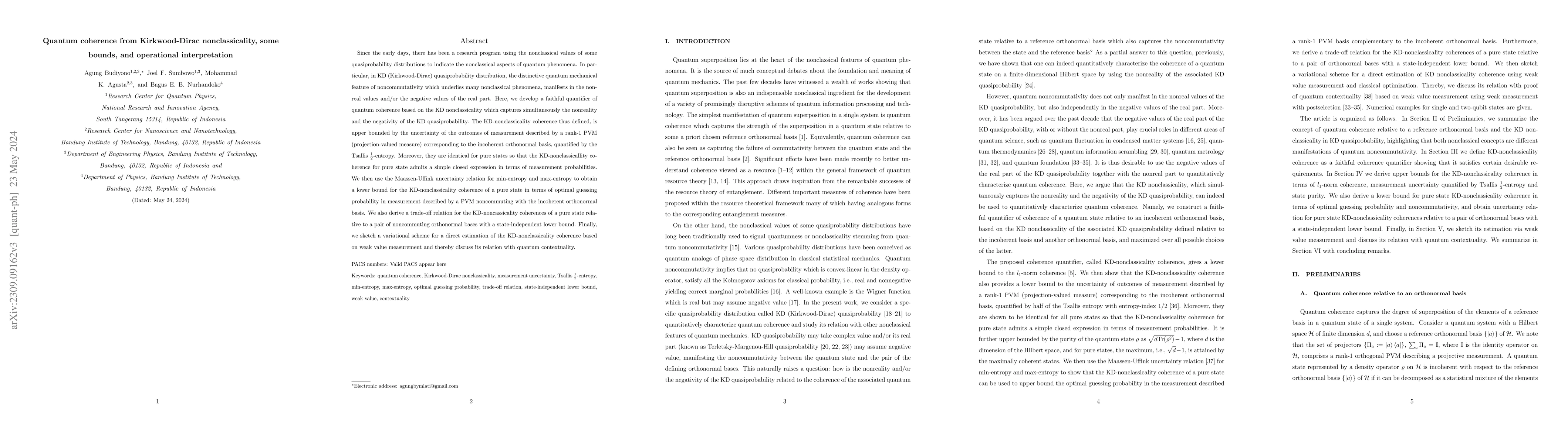 Thumbnail for Quantum coherence from Kirkwood-Dirac nonclassicality, some bounds, and
  operational interpretation