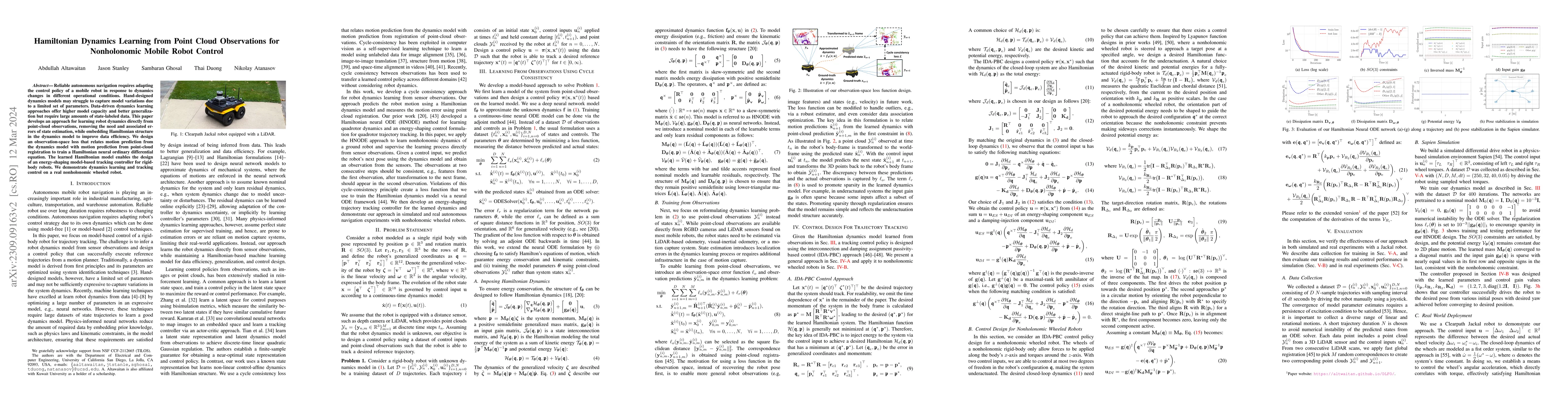 Thumbnail for Hamiltonian Dynamics Learning from Point Cloud Observations for
  Nonholonomic Mobile Robot Control