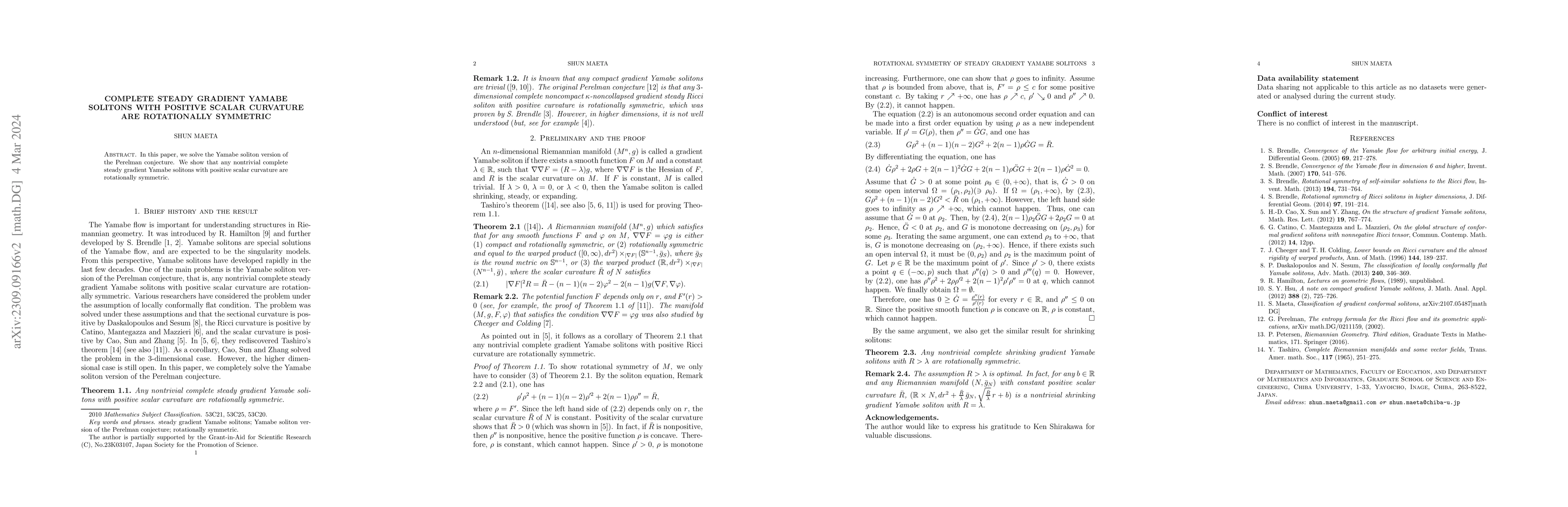 Thumbnail for Complete steady gradient Yamabe solitons with positive scalar curvature
  are rotationally symmetric