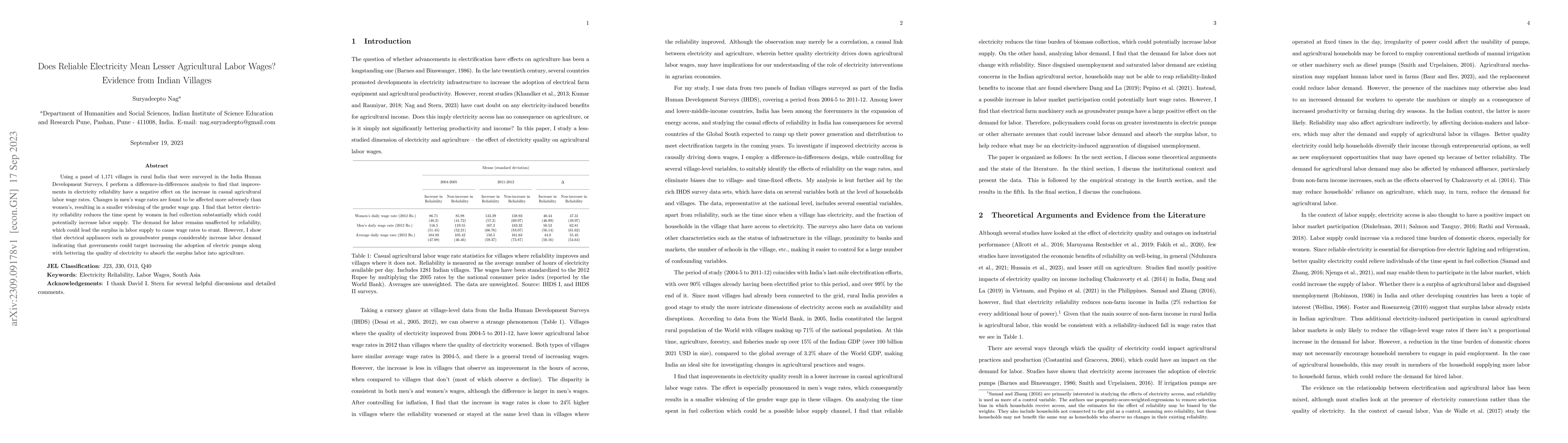 Thumbnail for Does Reliable Electricity Mean Lesser Agricultural Labor Wages? Evidence
  from Indian Villages