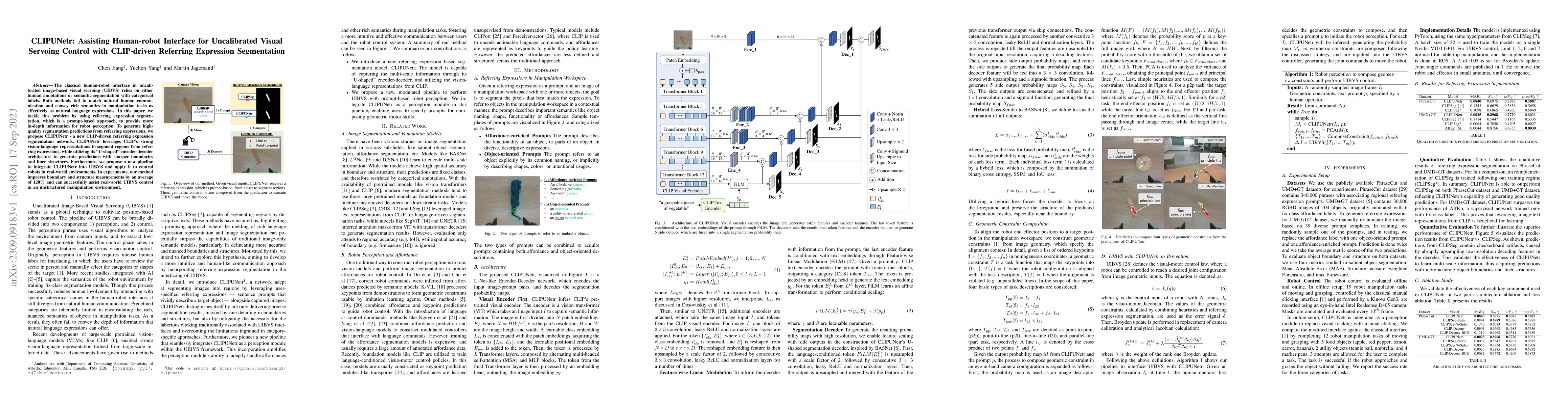 Thumbnail for CLIPUNetr: Assisting Human-robot Interface for Uncalibrated Visual
  Servoing Control with CLIP-driven Referring Expression Segmentation