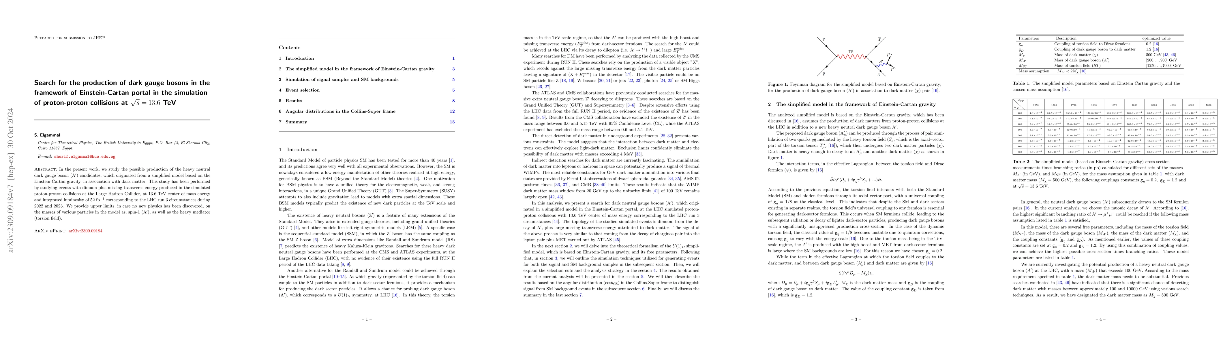 Thumbnail for Search for the production of dark gauge bosons in the framework of
  Einstein-Cartan portal in the simulation of proton-proton collisions at
  $\sqrt{s} = 13.6$ TeV