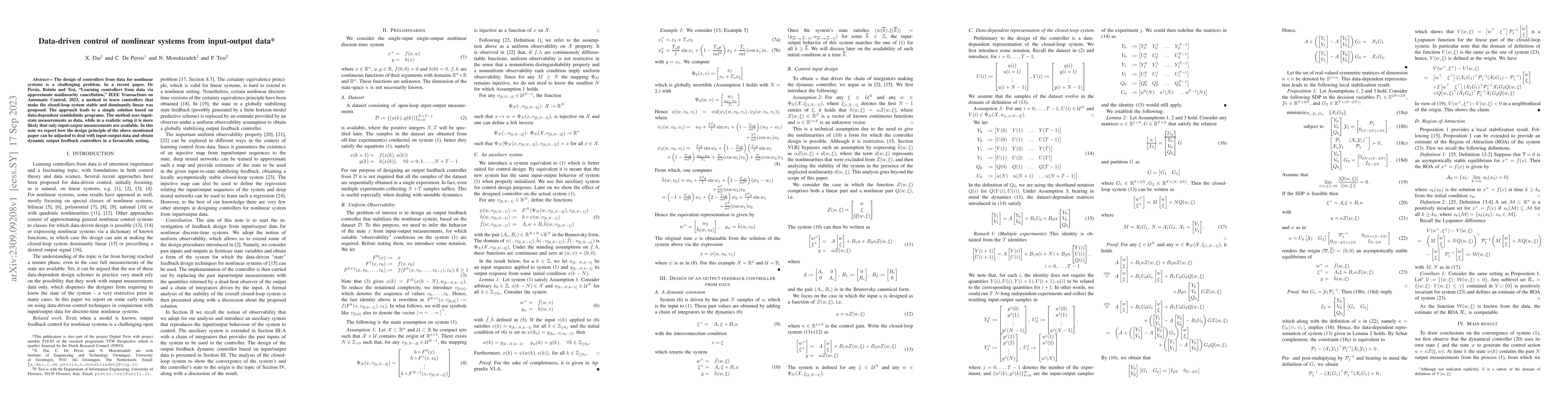 Thumbnail for Data-driven control of nonlinear systems from input-output data