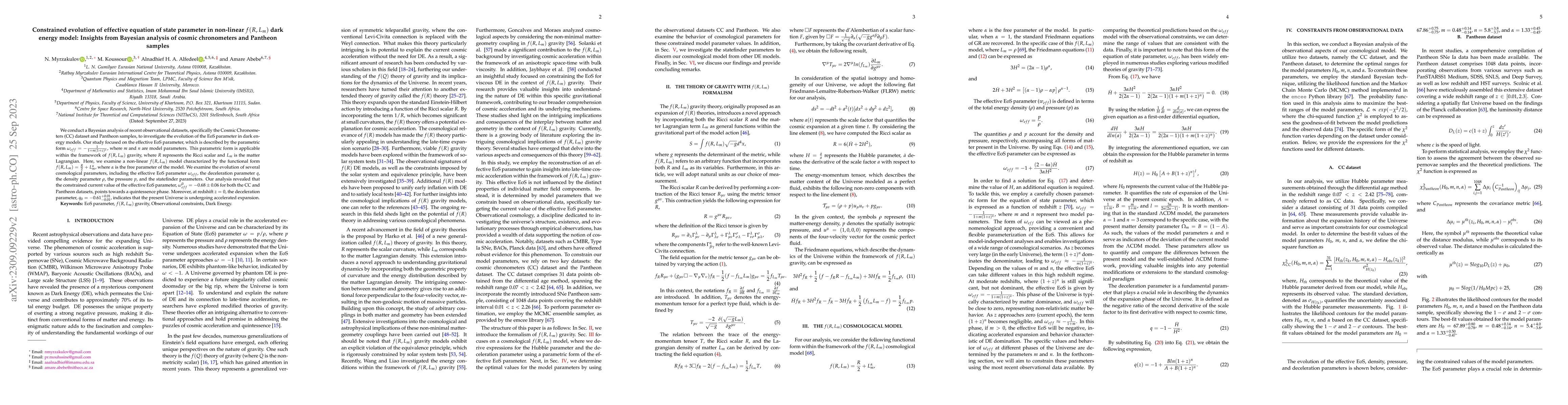 Thumbnail for Constrained evolution of effective equation of state parameter in
  non-linear $f(R, L_m)$ dark energy model: Insights from Bayesian analysis of
  cosmic chronometers and Pantheon samples