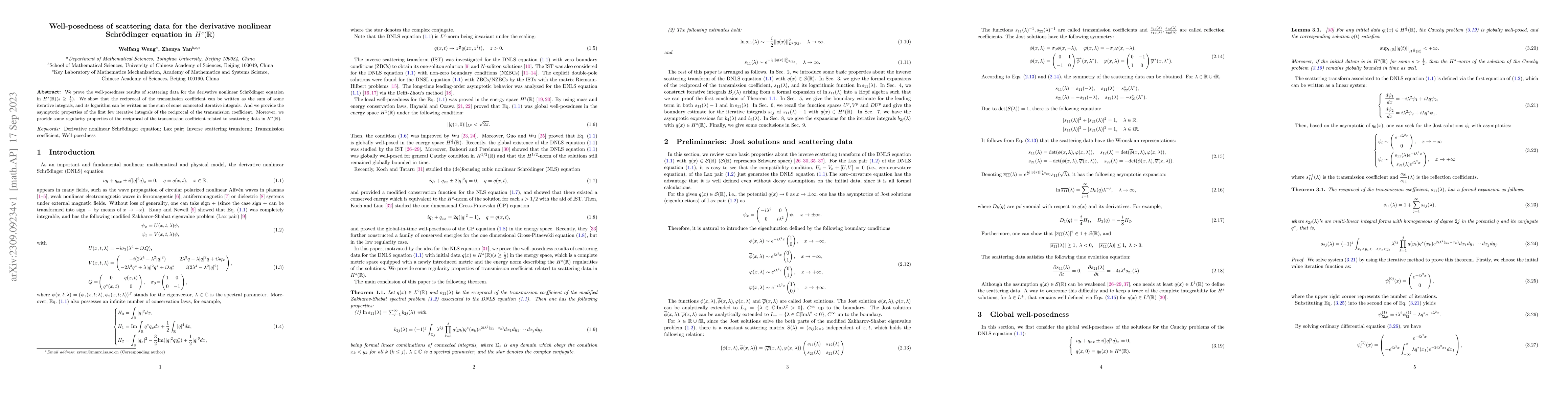 Thumbnail for Well-posedness of scattering data for the derivative nonlinear
  Schr\"odinger equation in $H^s(\mathbb{R})$