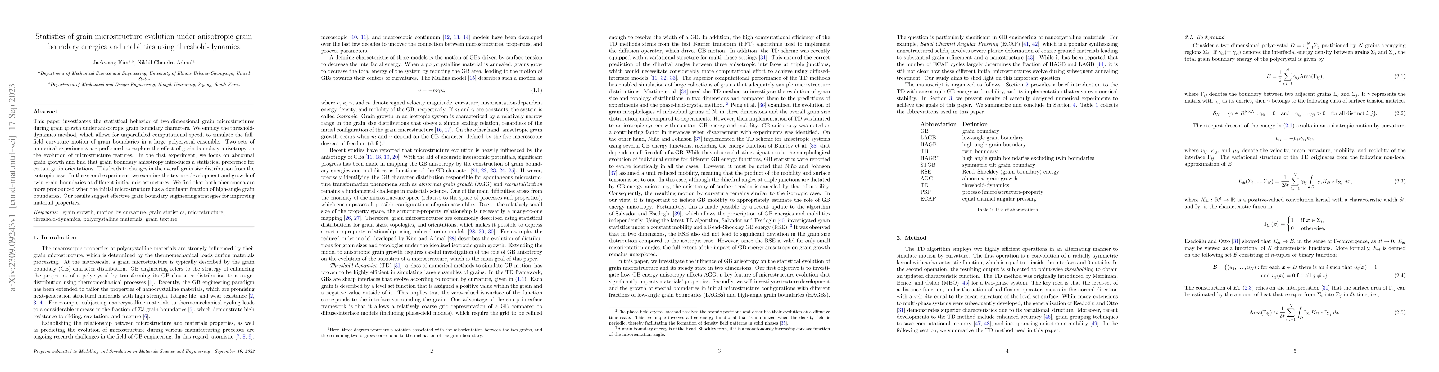 Thumbnail for Statistics of grain microstructure evolution under anisotropic grain
  boundary energies and mobilities using threshold-dynamics