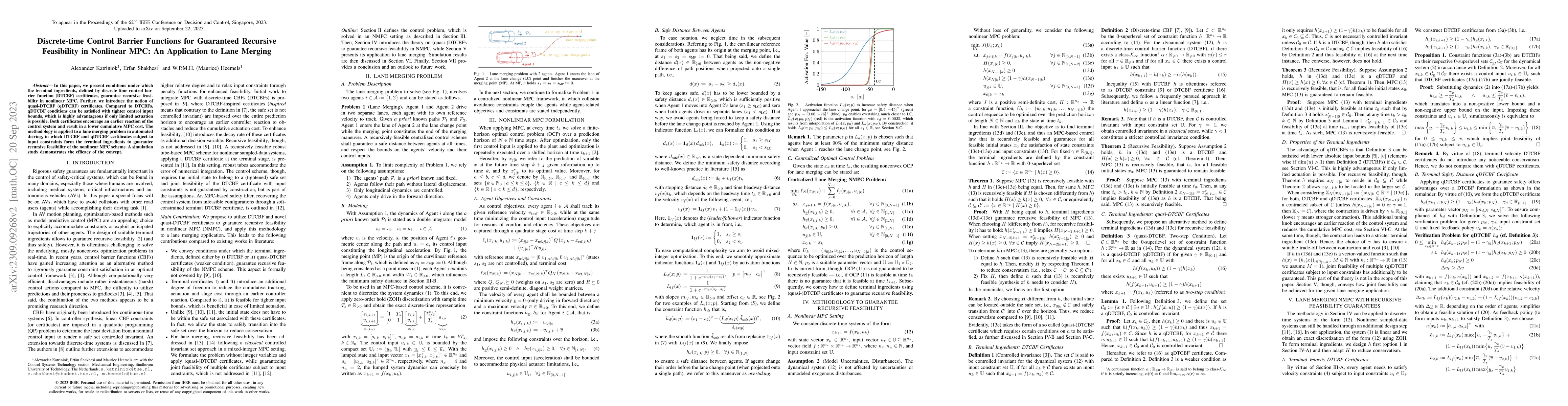 Thumbnail for Discrete-time Control Barrier Functions for Guaranteed Recursive
  Feasibility in Nonlinear MPC: An Application to Lane Merging