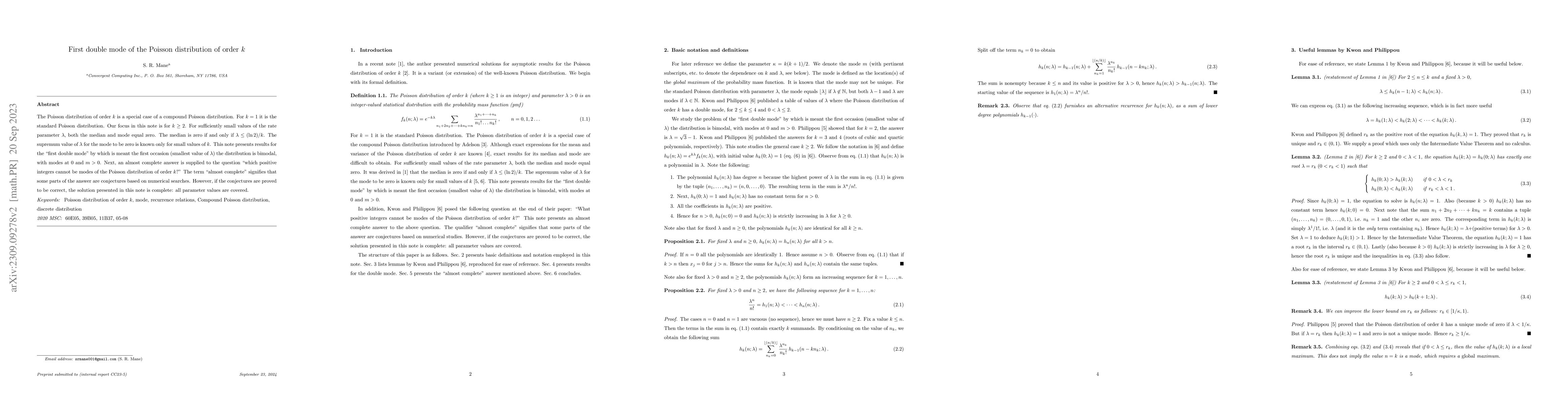 Thumbnail for First double mode of the Poisson distribution of order $k$