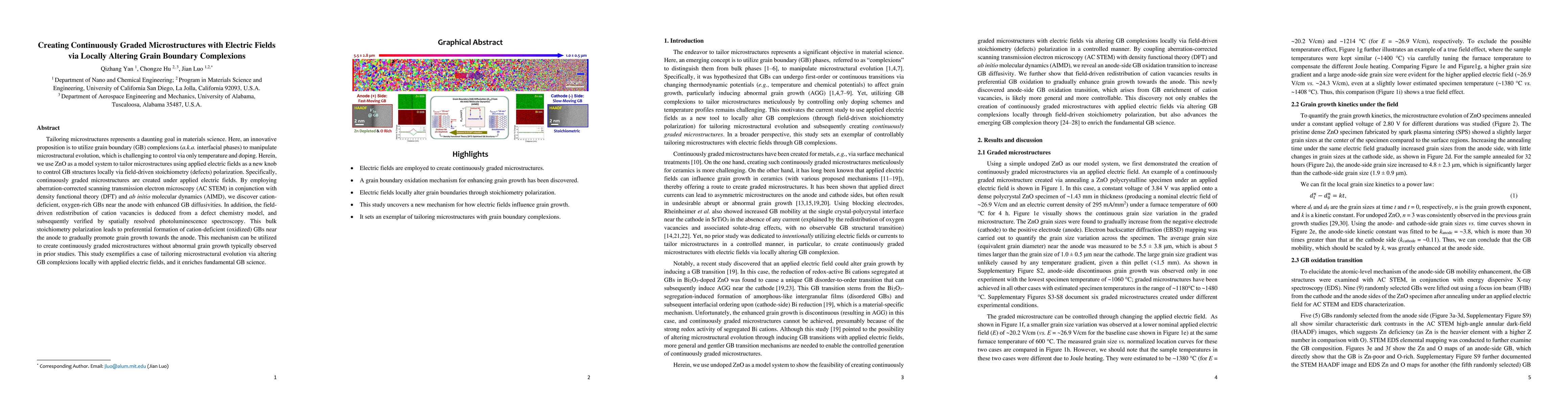 Thumbnail for Creating Continuously Graded Microstructures with Electric Fields via
  Locally Altering Grain Boundary Complexions
