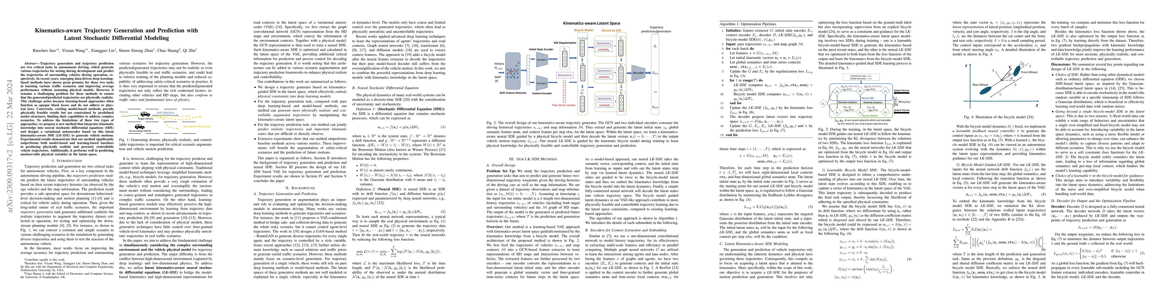 Thumbnail for Kinematics-aware Trajectory Generation and Prediction with Latent
  Stochastic Differential Modeling