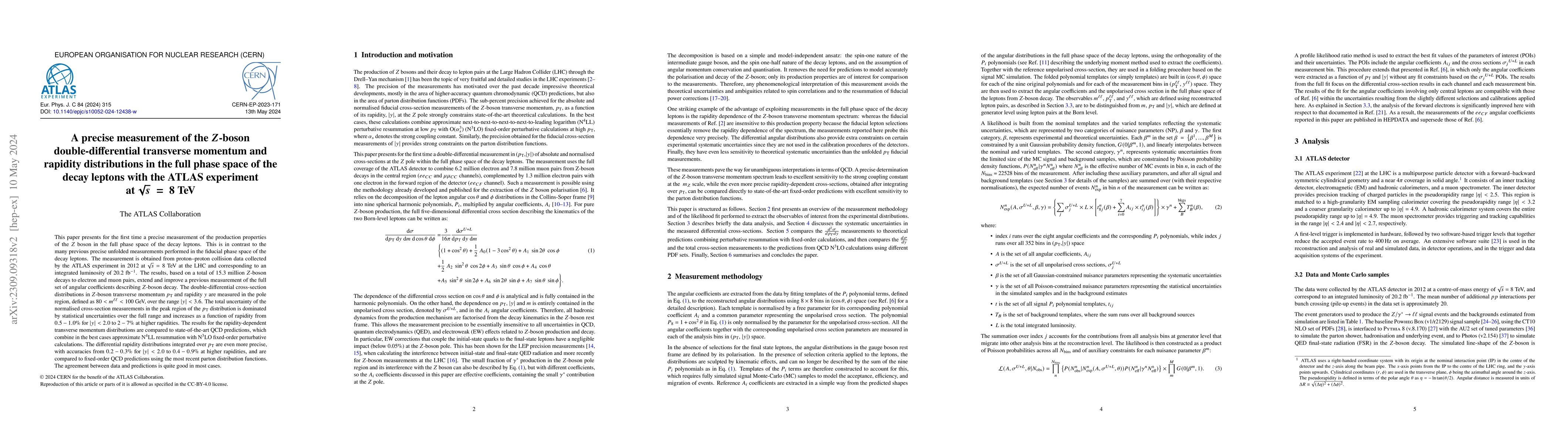 Thumbnail for A precise measurement of the Z-boson double-differential transverse
  momentum and rapidity distributions in the full phase space of the decay
  leptons with the ATLAS experiment at $\sqrt s$ = 8 TeV