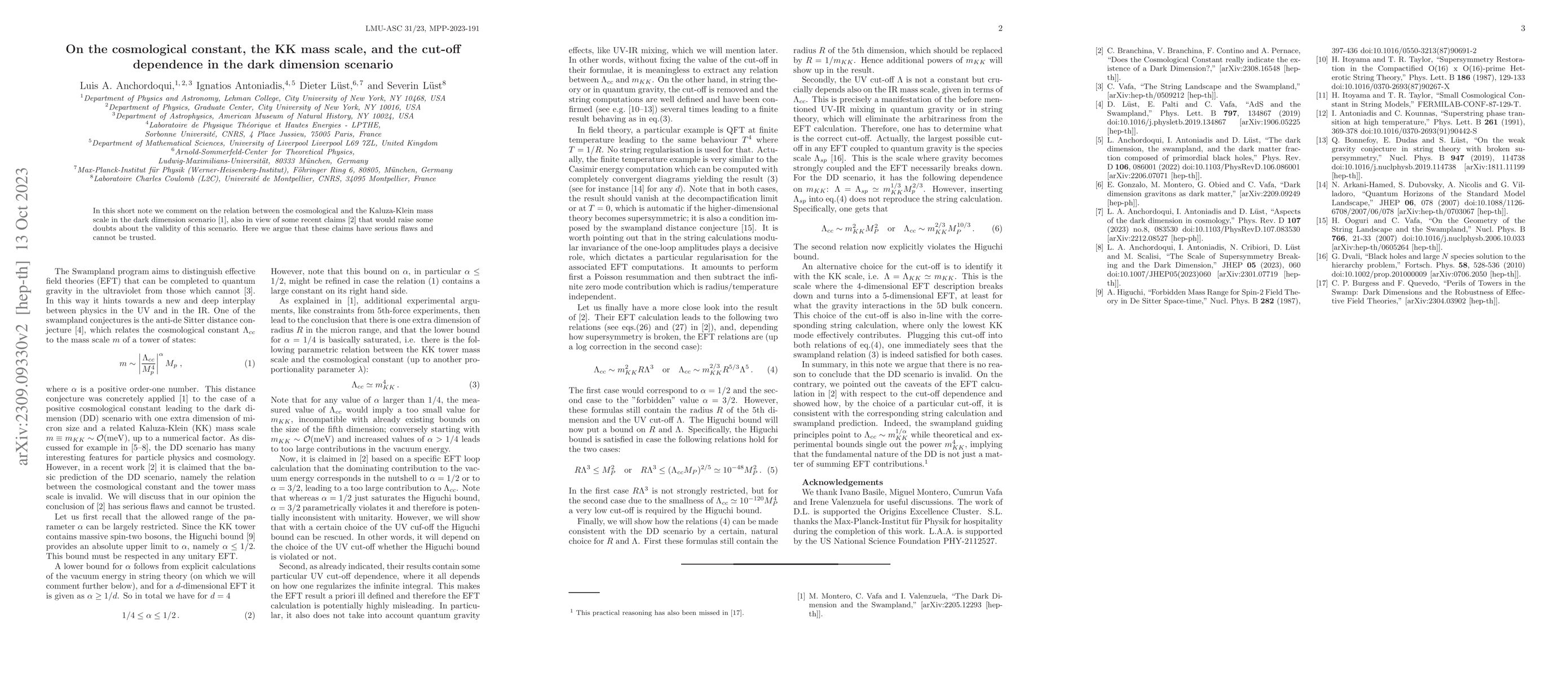 Thumbnail for On the cosmological constant, the KK mass scale, and the cut-off
  dependence in the dark dimension scenario