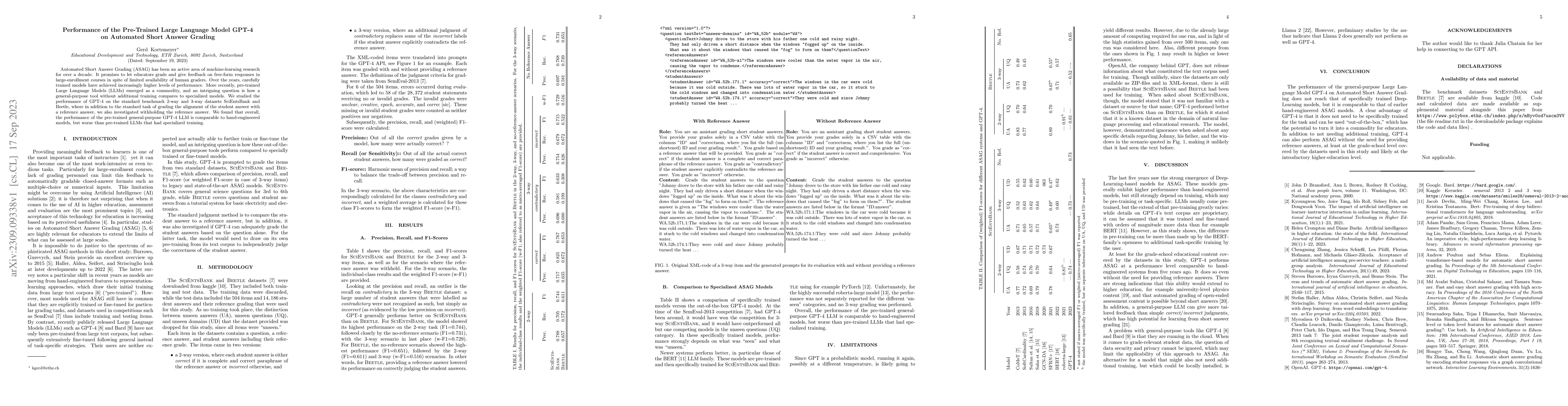 Thumbnail for Performance of the Pre-Trained Large Language Model GPT-4 on Automated
  Short Answer Grading