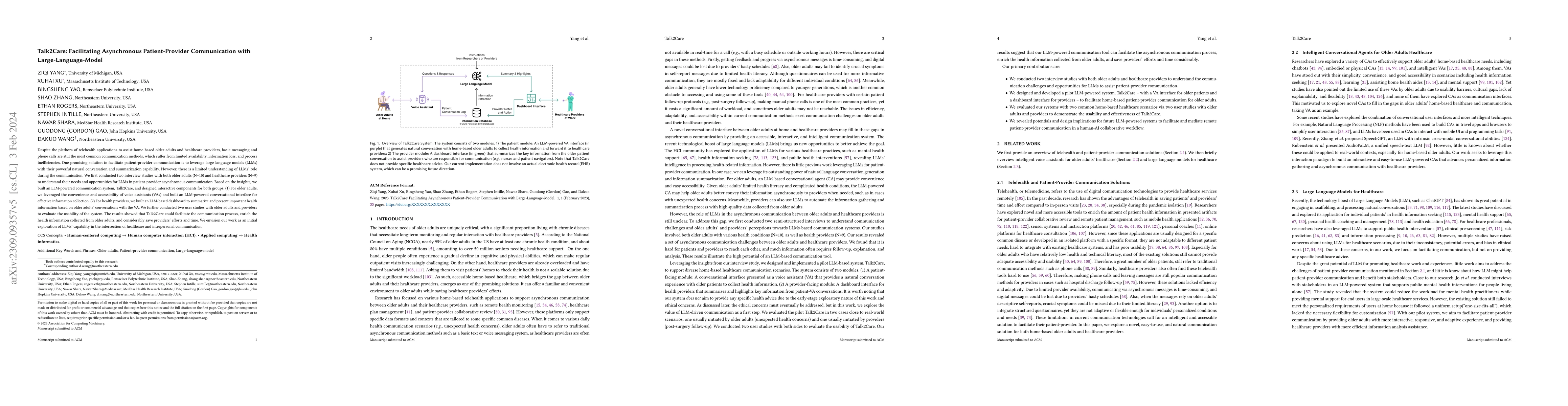 Thumbnail for Talk2Care: Facilitating Asynchronous Patient-Provider Communication with
  Large-Language-Model