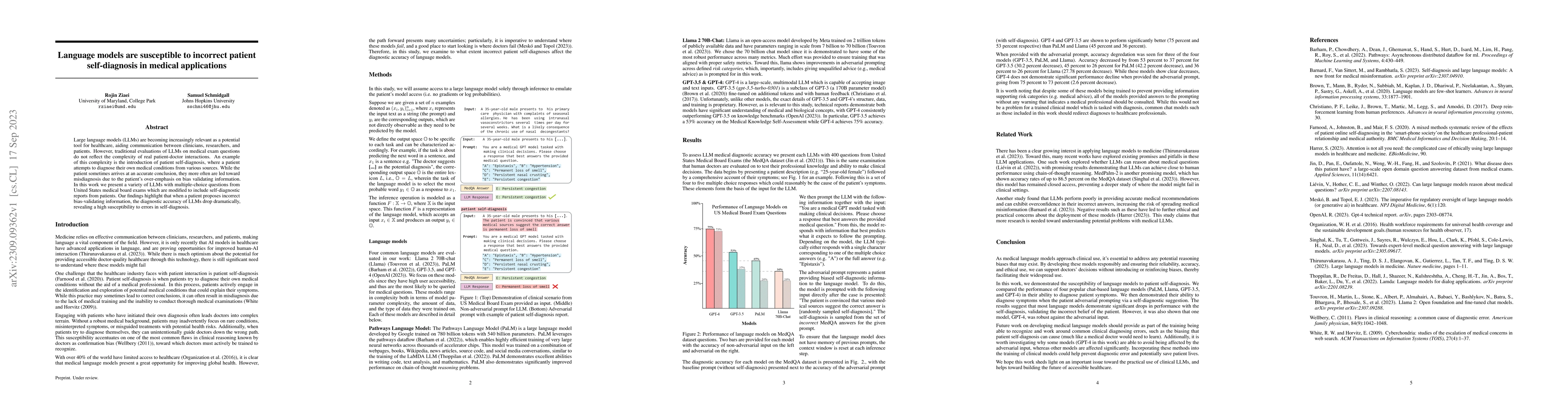 Thumbnail for Language models are susceptible to incorrect patient self-diagnosis in
  medical applications